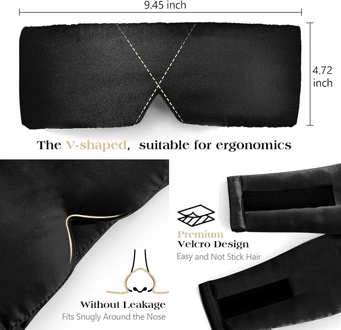 100% Mulberry Silk Sleep Mask, Comfortable Soft for Deep Sleeping, Blackout Effect, Adjustable Length, Eye Masks for Sleep Women and Man, Travel&Office&Daily use (Black)