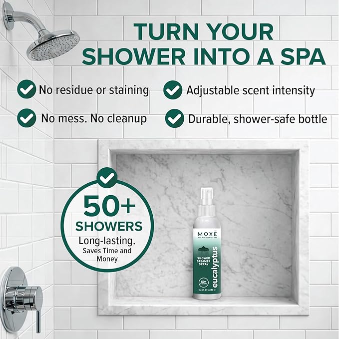 MOXĒ Shower Steamer Spray Eucalyptus Essential Oil Shower Spray – Relaxing Aromatherapy Mist for Home Spa Experience – Pure Plant Based Fragrance for Daily Routine – 1 Pack, 2oz