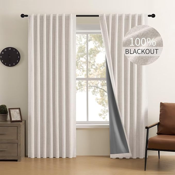 CUCRAF Linen 100% Blackout Curtains 84 Inch Length 2 Panels Set, Back Tab and Rod Pocket Curtain for Living Room Bedroom, Room Darkening Window Drapes Thermal Insulated, (52x84 inch, Greyish White)