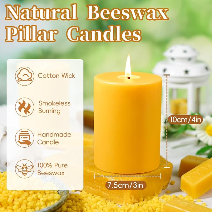 4 Packs 3" x 4" Natural Beeswax Pillar Candles,240 Hours Long Burning Emergency Candles 100% Pure Beeswax Candle,Blessed Bees Wax Candles for Home Room Paryer Parties,Smokeless & Dripless