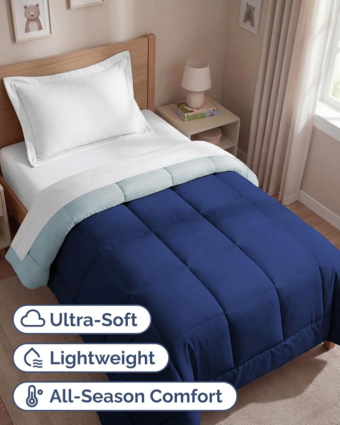 Twin Size, Navy Blue/SkyBlue Alternative Down Comforter - Warm, Lightweight & Breathable Hotel Quality Bedding Set for Men, Women, Kids & Teens - All Season Cooling Microfiber Duvet Insert Comforter