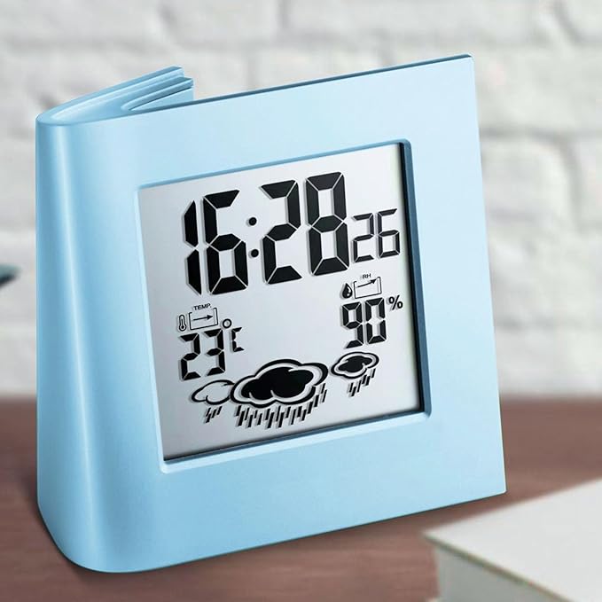 Solar Powered Dual Energy Alarm Clock with Weather Forecast and Temperature Humidity Display for Home Office (Blue)