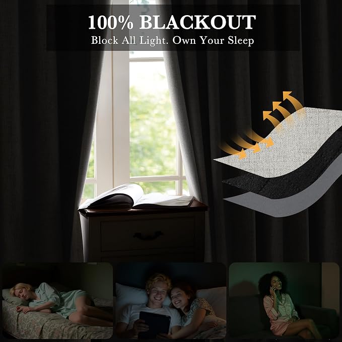 RYB HOME 100% Blackout Cream Curtains, Linen Texture Thermal Insulated Drapes for Bedroom/Living Room/Office/Nuesery, Privacy Farmhouse Full Blackout Window Treatment, W52xL84 Inch Long, 2 Panels