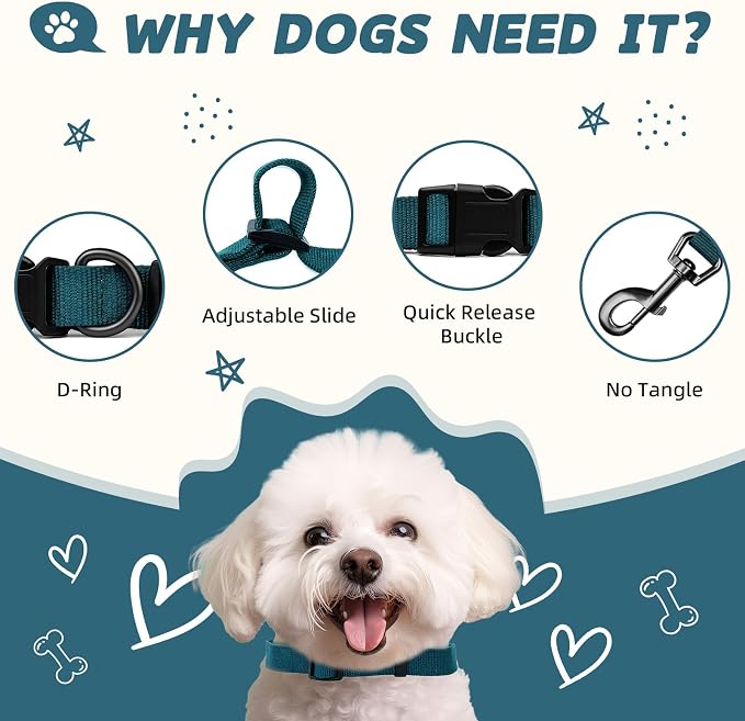 Peacock Blue Dog Collar and Leash Set for Small Dogs Soft and Breathable of 90% Rayon from Bamboo and 10% Polyester Comfortable Skin-Friendly, Adjustable Leash Set with Quick Release Buckle