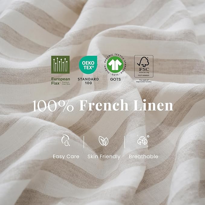 S VICTORY SYMBOL 100% Organic Linen Duvet Cover Set,Yarn Dyed Classic Beige Stripe French Natural Flax Bedding Set,3pcs Farmhouse Comforter Cover Set Full Size