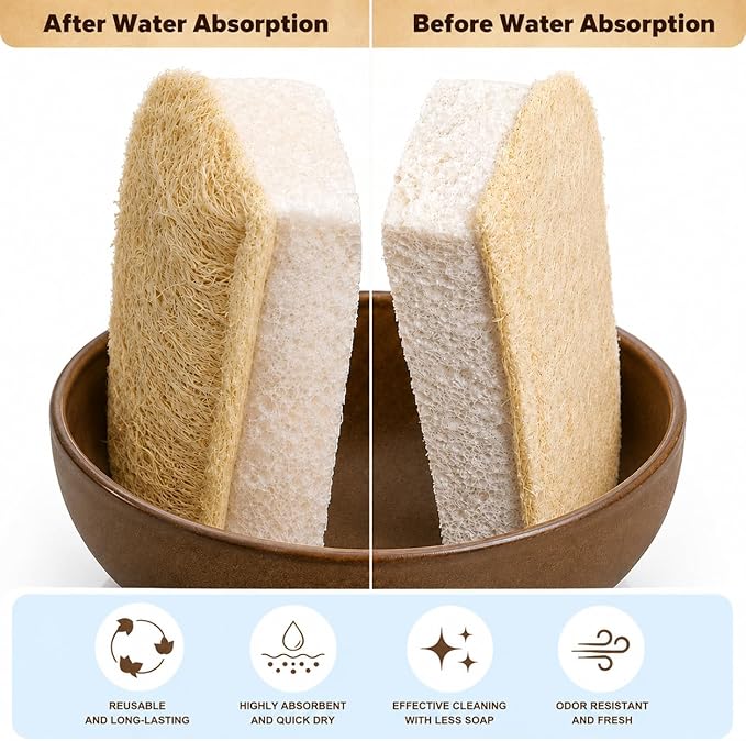 Natural Loofah Biodegradable Sponges Plant Based Kitchen Cleaning Supplies Plastic Free Luffa Sponges Dish Scrubber Cellulose Sponges Household Cleaning Tools Zero Plastic Products