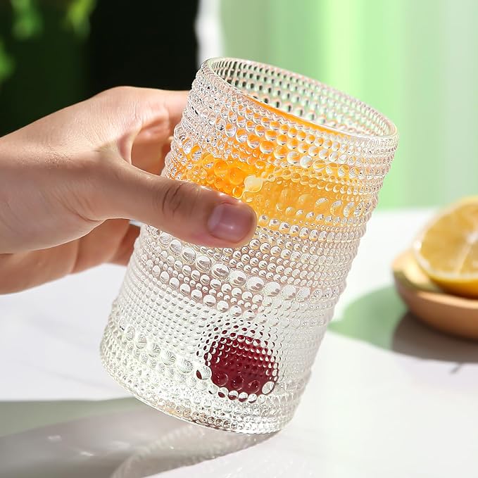 Amyoole 15oz Hobnail Drinking Glasses Set of 6,Clear Vintage Glassware Embossed Water Tumbler,Cocktail Glass Cups for Beer,Whiskey,Juice and Various Mixed Drinks