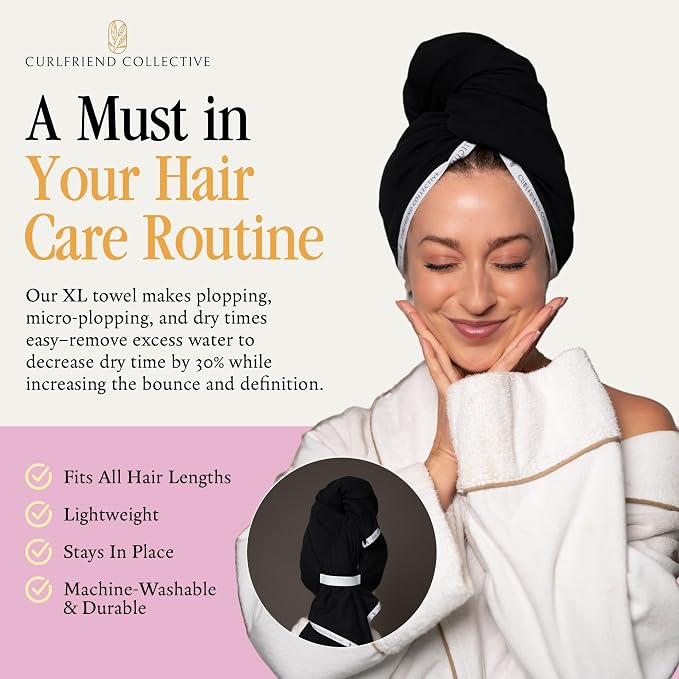 Curlfriend Collective Cotton Cloud T-Shirt Hair Towel Duo – Black to Basics Hair Towel Wrap for Women, XL + Mini Hair Drying Towels for Curly Hair, No-Slip Plopping Towel, Ultra Absorbent Cotton