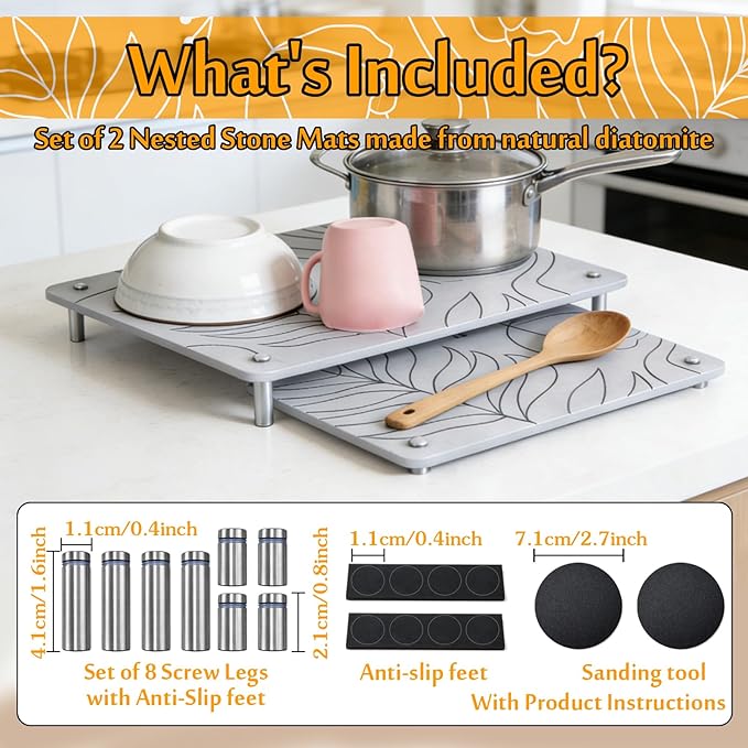 2PCS Nesting Stone Drying Mat for Kitchen Counter, Diatomaceous Earth Dish Drying Mat with Non-Slip Feet, Quick Dry Stone Mats Kitchen, Heat Resistant Stones Dish Dry Mats for Bottle Cup