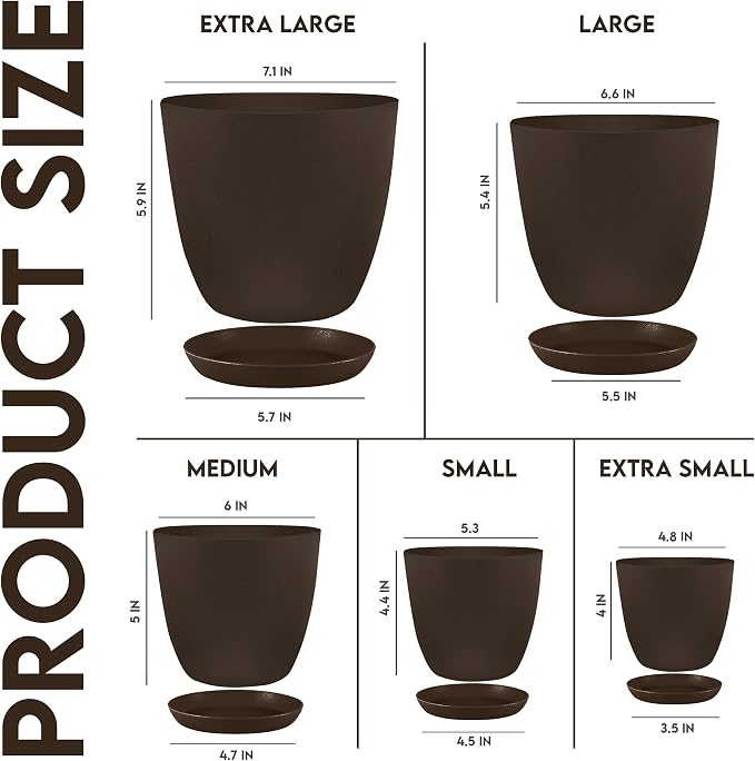Utopia Home - Plant Pots Indoor with Drainage - 7/6.6/6/5.3/4.8 Inches Garden Flower Pots for Indoor Planter - 5 Pack Brown Plastic Planters - Ideal for Stocking Stuffers or Room, Office Home Decor