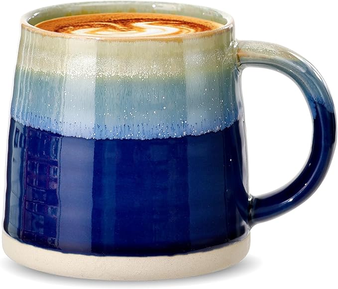 fMBB Large Ceramic Coffee Mugs, 13oz, Tea/Coffee Cups, Large Handle & Wide Bottom Coffee Mug, Transmutation Glaze, Hand Painted Mug, for Home or Office, Microwave and Dishwasher Safe, Blue Tone