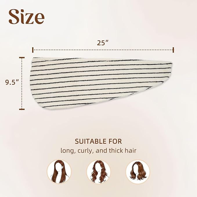 Jacquotha Cotton Hair Towel Wrap for Women (Black & White Striped) – Anti-Frizz Absorbent Quick Drying Hair Turban for Wet Hair, 25” x 9.5”, 1 Pack