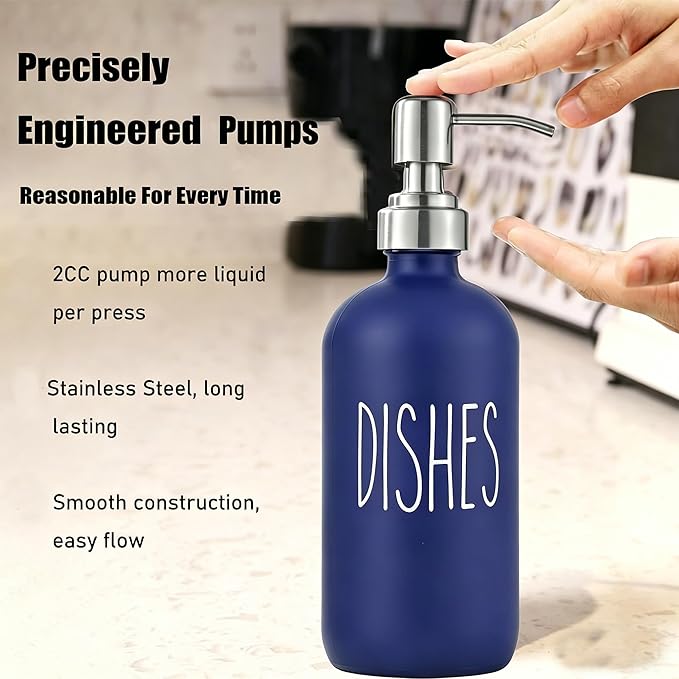 Navy Blue Soap Dispenser Set, Glass Soap Dispenser with Stainless Steel Pump, Farmhouse Hand Soap Dispenser & Dish Soap Dispenser for Bathroom Kitchen Sink(Blue d)