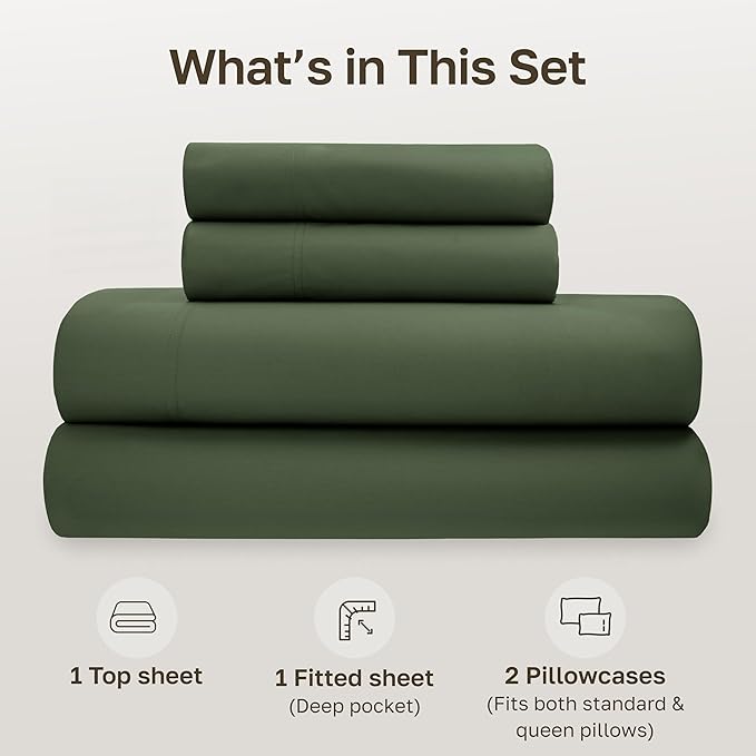 California Design Den Full Size Sheets Set - Soft 100% Organic Sheets with Deep Pockets, Crisp Percale, Breathable and Durable Bedding Set - Olive Green