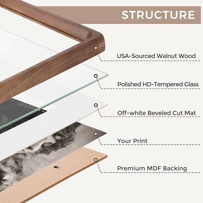 Fun Memories 4x6 Picture Frame, USA-Sourced Walnut Wood Photo Frames with HD Tempered Glass, Handcrafted Rounded Corner 4 x 6 Wooden Frame Matted to 3.5x5 Photos, 4x6 Frames, Tabletop or Wall Display