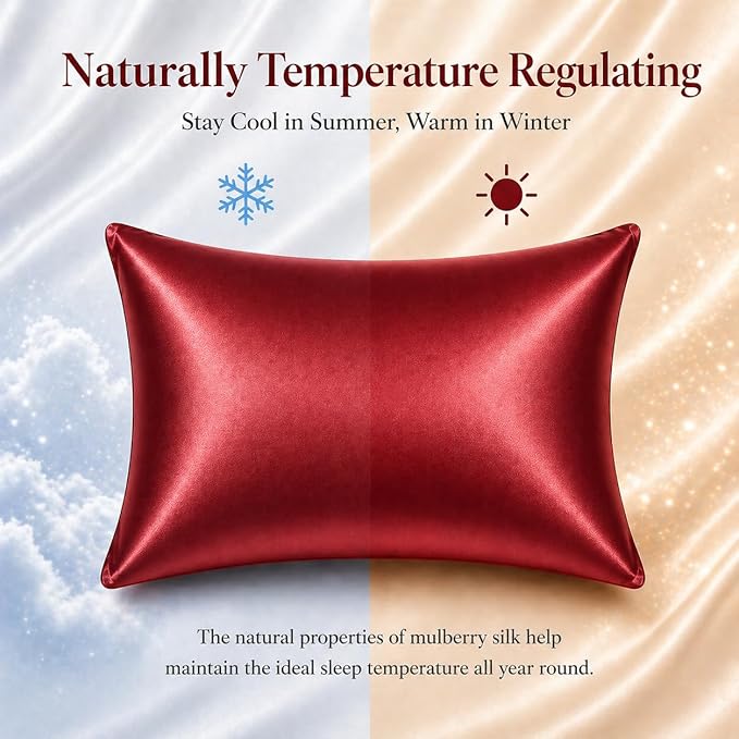 Red Silk Pillow Cases for Hair and Skin Made in USA, 22 Momme, Anti Acne Silk Pillowcase with Zipper, Organic, Hypoallergenic, Anti Wrinkle, 1 Pc 20"x26" (Standard, Red)