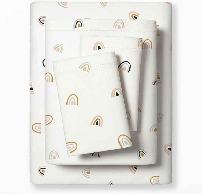 MakeMake Organics Organic Queen Sheet Set (4 Piece) GOTS Certified Organic Cotton Sheets Non Toxic Safe Fitted, Flat Sheet, Pillowcases (Rainbow)