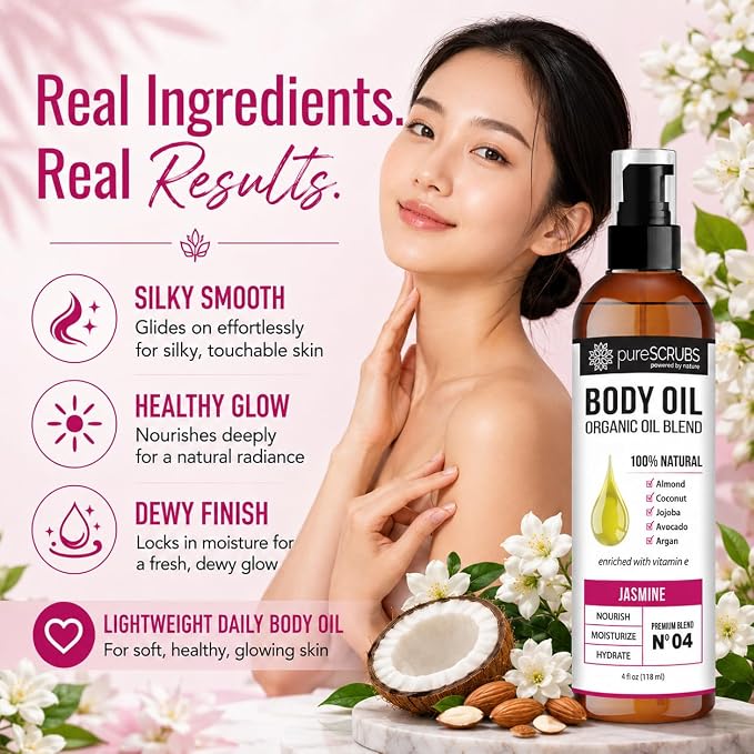 pureSCRUBS Ultra Moisturizing Jasmine Body Oil for Dry Skin, 4 oz | Luxurious After Shower Body Oil for Soft, Silky, Glowing Skin, Non-Greasy, Fast Absorbing & Hydrating Formula with Vitamin E