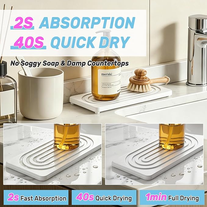 2 PCS Water Absorbing Stone Tray, Quick Drying Diatomite Sink Tray, Non-Slip Drying Mat for Bathroom Vanity & Kitchen Counter, Soap Dispenser Sponge Holder Organizer, White 8.3x4 Inch (White)