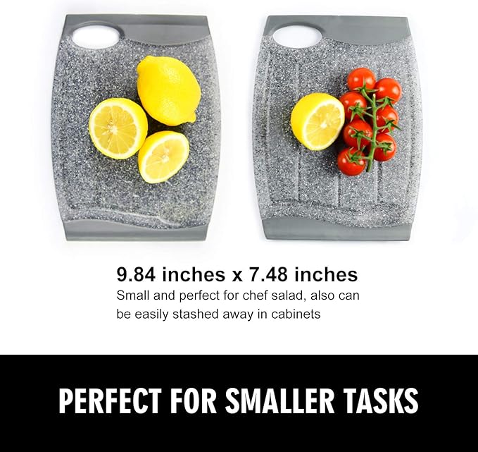 Small Plastic Cutting Board Set of 2, Mini Cutting Board for Small Kitchen Tasks, Non Slip Edges, Unique Design with Multiple Juice Grooves! BPA Free, Non-Porous, Dishwasher Safe (9.84" x 7.48")