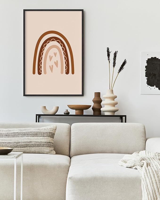Boho Nursery Rainbow Wall Art with Hearts Earth Tones Terracotta Brown Scandi Minimalist Style 24x36 Inch Oak Wood Black Framed Playroom Decor Print for Kids Room