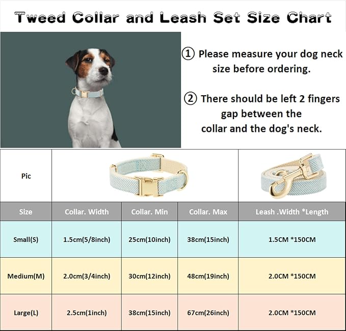 Luxury Soft Cotton Tweed Fabric Dog Collar & Leash Set with Gold Buckle – Durable Fabric, Stylish Design for Everyday Walks(Large LtBlue)