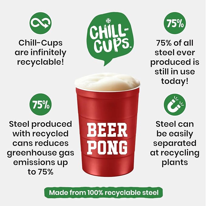 Steel Chill Cups 16 oz. Party Cup 'Beer Pong' Drinking Game Design for Cold Drinks, Sturdy, Durable, Disposable, Recyclable, Made in USA, Red 12 Count