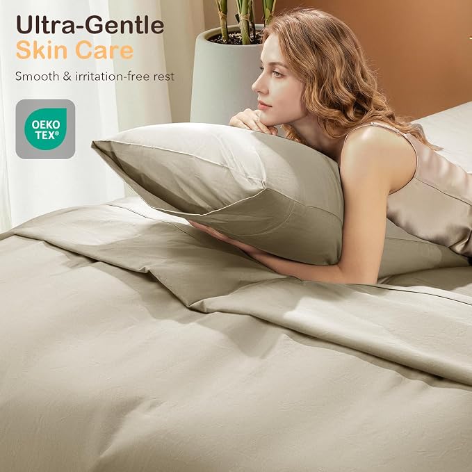 SONORO KATE 100% Organic Cotton Sheets Set - 1000 High Thread Count, GOTS Certified Long Staple Cotton Bed Sheets, Soft, Breathable 5-Star Hotel Sheets, 16" Deep Pockets - 4 PC (Linen,Queen)