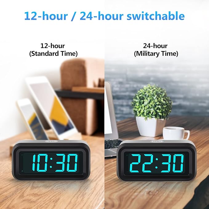 Digital Alarm Clock Battery Operated with LED Display for Bedrooms, Long Battery Life, 3 Brightness Adjustable, 12/24 Hour, Snooze, Black Case with Blue Digits