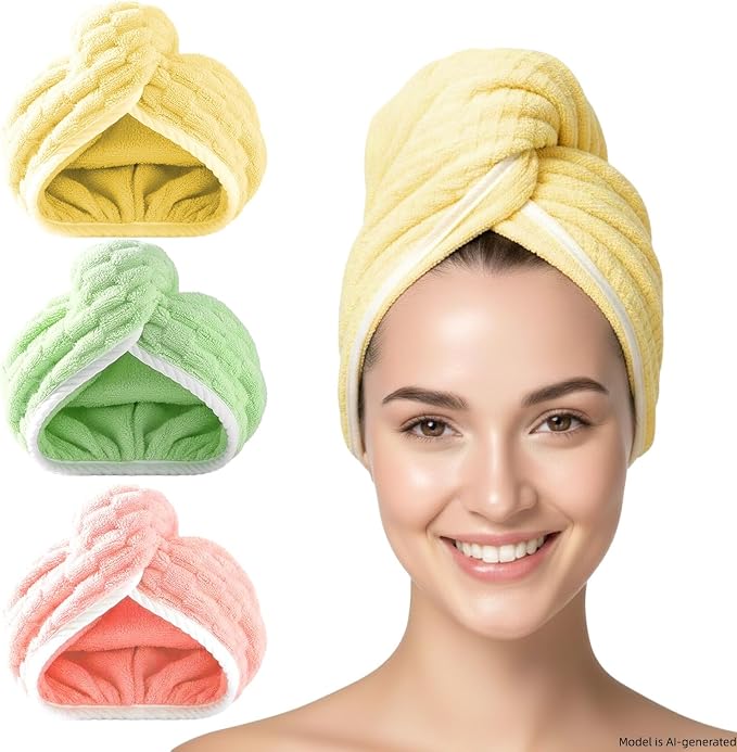 3 Pack Microfiber Hair Towel Wrap for Women, Fast Drying Hair Turban with Button, Anti-Frizz Large Hair Towel for All Hair Styles, Soft & Absorbent Hair Drying Towel