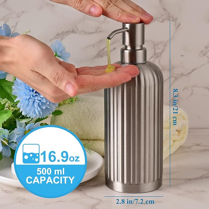 Countertop Soap Dispenser - Rust-Proof Roman Column Shaped Stainless Steel Bottle with Pump for Bathroom and Kitchen - 18 oz Brushed Nickel Liquid and Lotion Dish Soap Dispenser