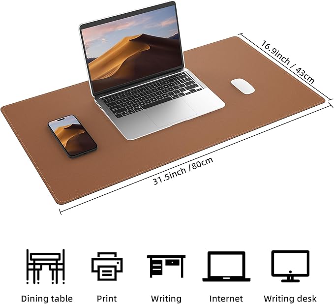 AFIING Cork Desk Mat 31.5" x 17", Waterproof Dual-Sided Cork & PU Leather Desk Pad, Non-Slip Desk Protector for Home Office, Workspace Setup & Gaming, Brown