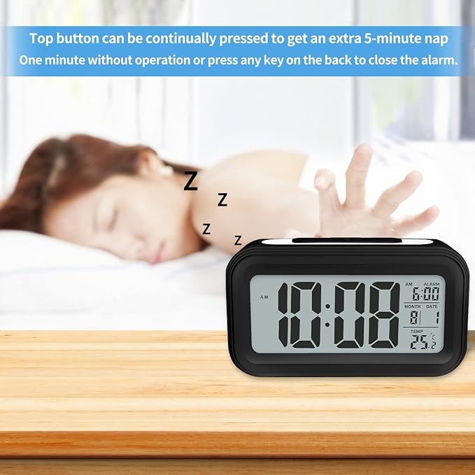 Digital Alarm Clock with Indoor Temperature, Battery Operated,Snooze Model,12/24H Display for Bedrooms Heavy Sleepers Kids Travel Bathroom Desk Smart Clock
