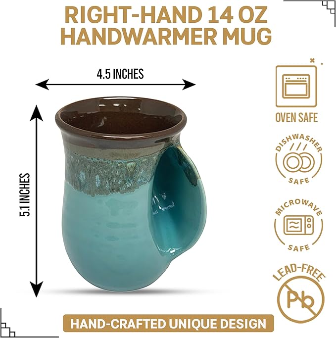 Clay in Motion Hand Warmer Coffee Mug – Handmade Coffee Mug With Comfortable Handle Contoured Pocket Hand Warming Ceramic Coffee Mug – Proudly Made in USA – Right Handed – 14 Oz - Ocean Tide