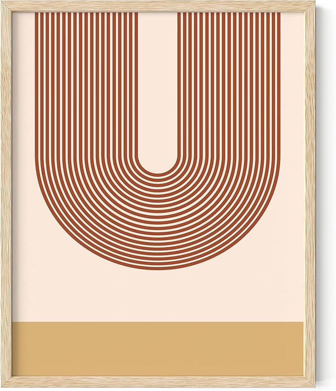 Continuous Line Face Wall Art Abstract Portrait Organic Shapes Earth Tones Terracotta Mid Century Modern 16x20 Inch Oak Wood Beige Framed Minimalist Line Drawing for Vanity