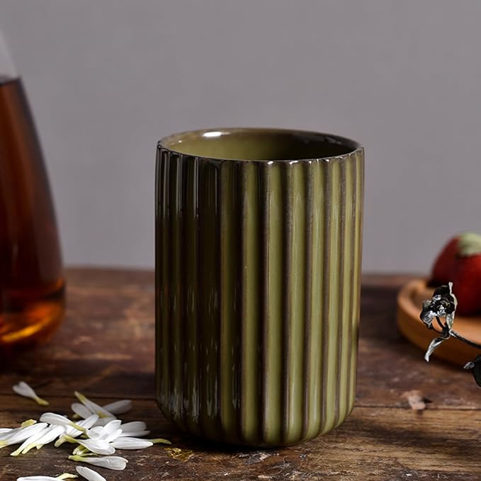Vinitage Ceramic Mug, Japanese Tea Cup 10oz Striped Cup No Handle Drinking Cup for Latte Milk Water Beverage Juice Microwave and Dishwasher Safe, Kiln Transformation Cup (Green)