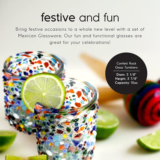 Confetti Rocks 10 oz Tumbler Glasses (set of 6) | Hand Blown Drinking Glasses, Multicolor Mexican Glassware Tumblers for Water, Juice, Margaritas & Cocktails | Lead-free, Toxin-Free