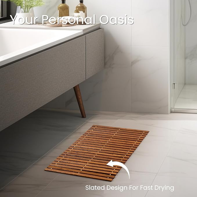 Strand Woven Bamboo Bath Mat Bathroom Rugs Floor Wood Shower Bathtub Waterproof Non Slip Accessories 16x24 Inch Easy to Clean, Suitable for Outdoor, Light Brown Color, 1 pc
