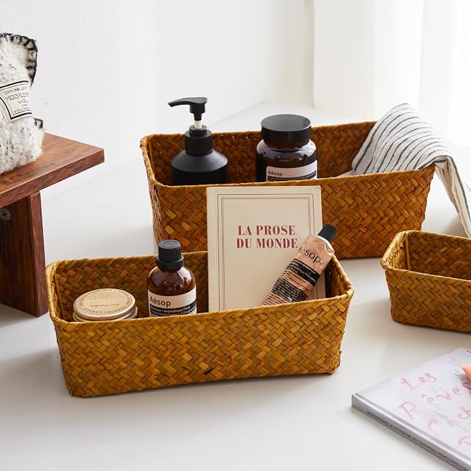 Seagrass Storage Basket, Stackable Open Woven Baskets Bins Container for Organizing Shelves Bedroom Living Room, Set of 3, Natural