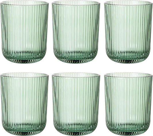 Green Ribbed Highball Glasses Set of 6, 8.5oz Sage Green Vintage Glassware, Drinking Glasses for Water, Juice, Coffee, Cocktails, Green Glass Cups, Housewarming & Christmas Gift