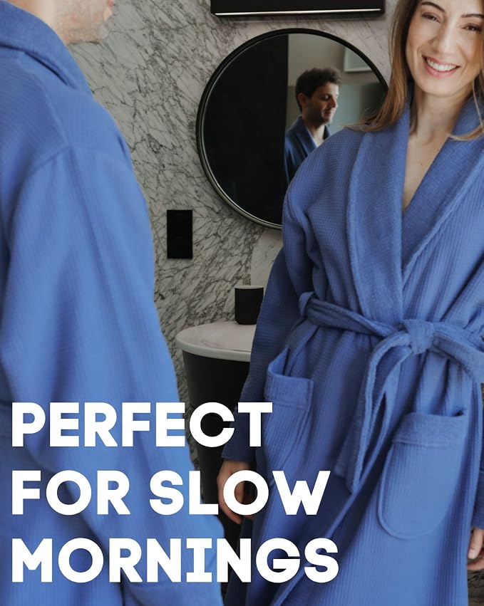 sea me at home Turkish Cotton Waffle Bathrobe, Luxury Spa Hotel Shawl Collar Robe for Women & Men, Plush Terry Inside