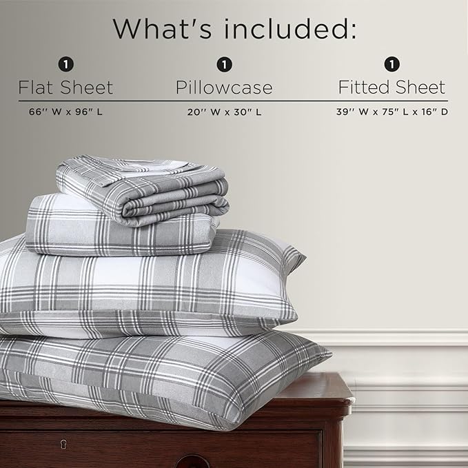 Briarwood Home® Printed Flannel Sheet Set, 100% Natural Cotton, Soft, Warm & Deep Pocket, Advanced Nano-Tech Making it Resistance to Pilling; Brushed 6 Times for Softness (Grey Plaid, Twin)