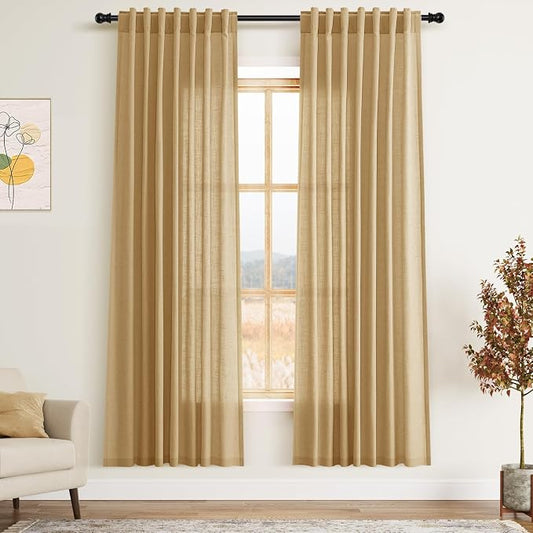 Gold Yellow Linen Curtains 72 Inch Length for Living Room Sheer Lightweight Door Drapes 2 Panels Set for Kids Bedroom Light Filtering Back Tab Rod Pocket Curtain for Kitchen Protect Privacy 52x72