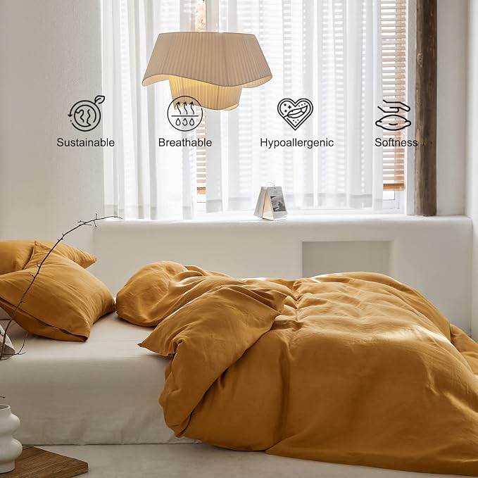 TOSMO Linen Duvet Cover Set, 100% French Flax Natural Linen Bedding 3pcs Set, Soft Breathable for Hot Sleepers 1 Duvet Cover and 2 Pillowcases (Butternut, King)