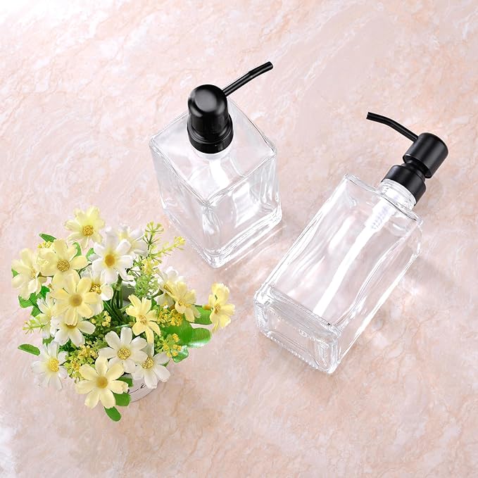 Glass Soap Dispenser Set, Matte Black Stainless Steel Pump & Clear Square Glass Soap Dispenser Bottle, 2 X 13.5oz Refillable Liquid Hand Soap Jar for Kitchen & Bathroom