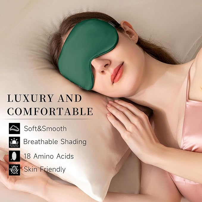 THXSILK Sleep Mask 100% 19 Momme Pure Mulberry Silk Super Smooth Cooling Sleep Eye Mask Blackout for Women/Man/Kids Eye Cover with Wide Head Strap Good Night Sleep Comfortable Travel Nap Emerald Green