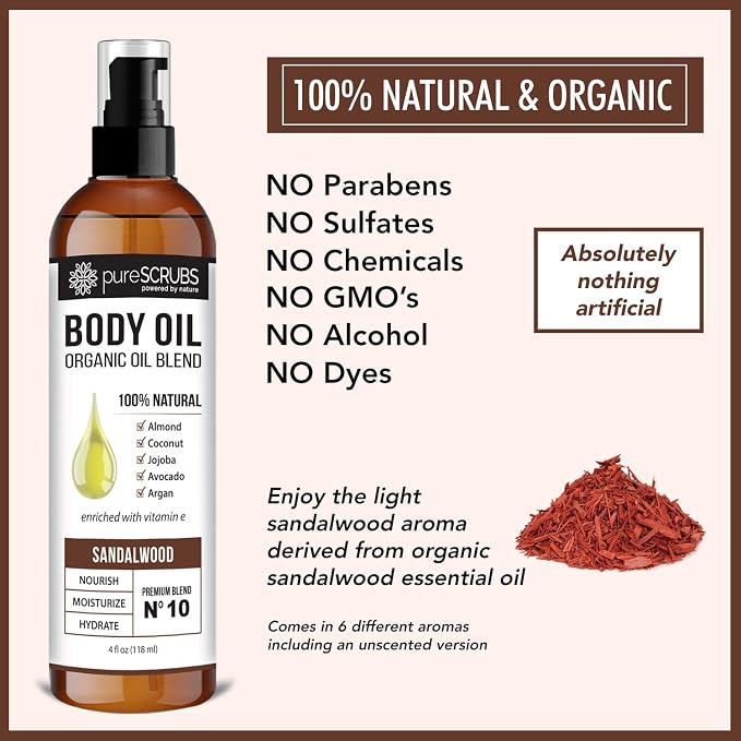 pureSCRUBS Ultra Moisturizing Sandalwood Body Oil for Dry Skin, 4oz | Luxurious After Shower Body Oil for Soft, Silky, Glowing Skin, Non-Greasy, Fast Absorbing & Hydrating Formula with Vitamin E