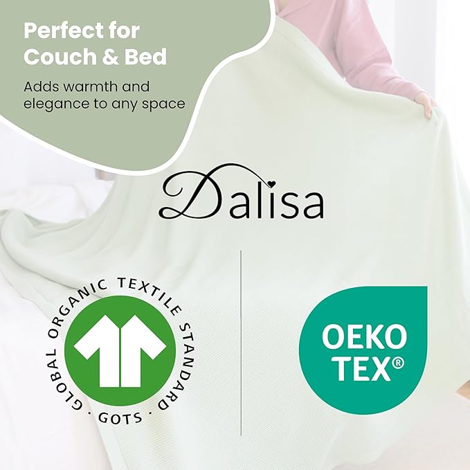 Dalisa 100% Organic Turkish Cotton Throw Blanket - GOTS Certified, Cozy - Perfect for Couch, Bed, and Home Decor - Boho Vintage Knit Alina (Sage, 50x60)