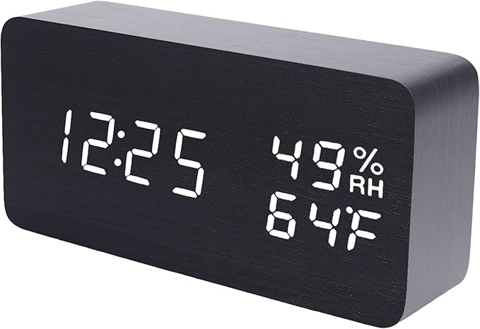 Wooden Digital Alarm Clock Modern Wood Snooze Clock Electronic Desk Clock LED Display Time Temperature Humidity Voice Control 3 Alarms 3 Brightness for Home Kids Bedroom Office Raercodia (Black,White)