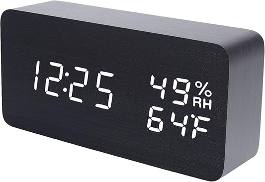 Wooden Digital Alarm Clock Modern Wood Snooze Clock Electronic Desk Clock LED Display Time Temperature Humidity Voice Control 3 Alarms 3 Brightness for Home Kids Bedroom Office Raercodia (Black,White)